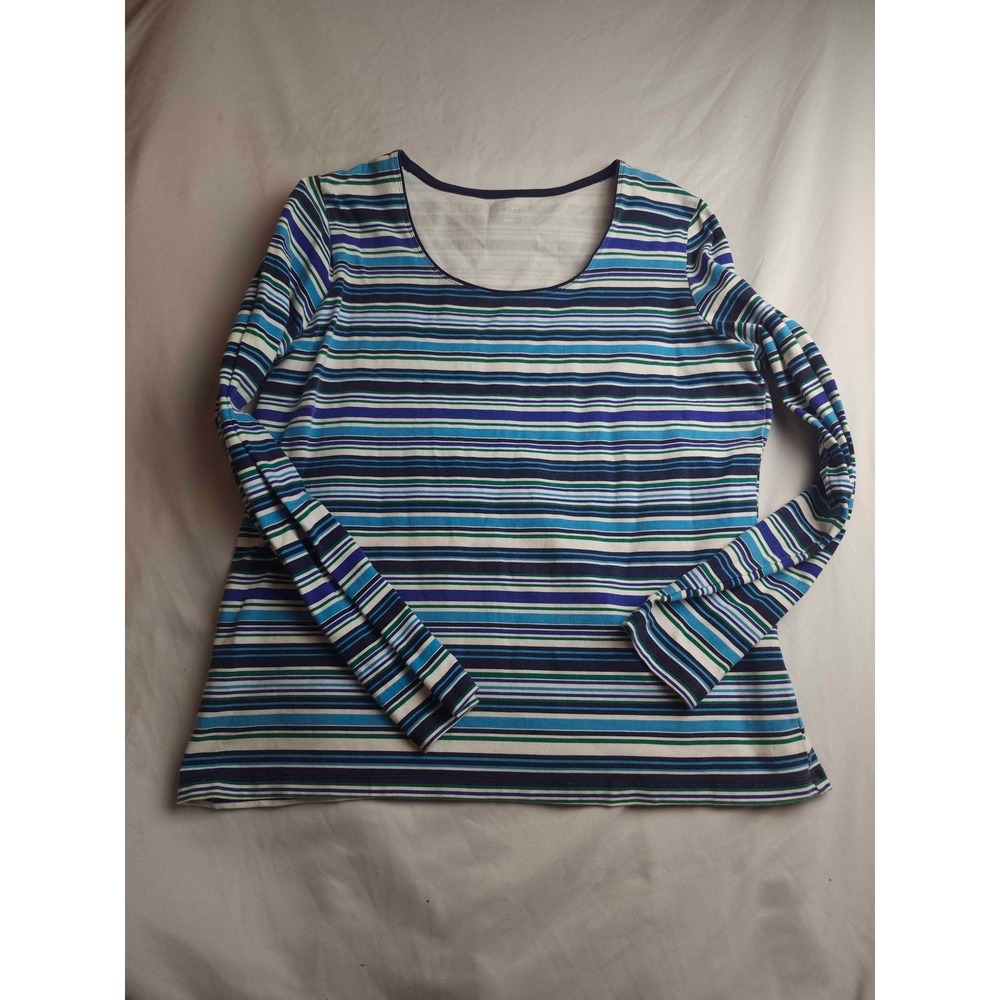 Kim Rogers Womens Large Blue Green‎ Striped Long Sleeve Scoop Neck Top Cotton